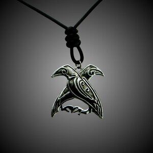 Odin's Ravens Pendant Necklace with Hand Knotted Soft Black Leather Cord